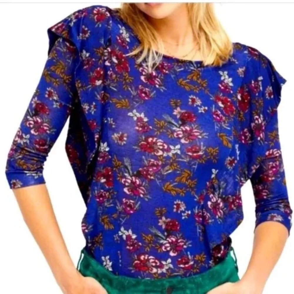 Free People Dock Street Top Blue Floral Print Long Sleeve Ruffle Detail Small